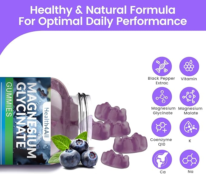 Magnesium Glycinate Gummies 1000mg, High Absorption Sugar Free Magnesium Potassium Supplement for Relaxation, Stress Relief, and Sleep Support for Adults & Kids (Blueberry)