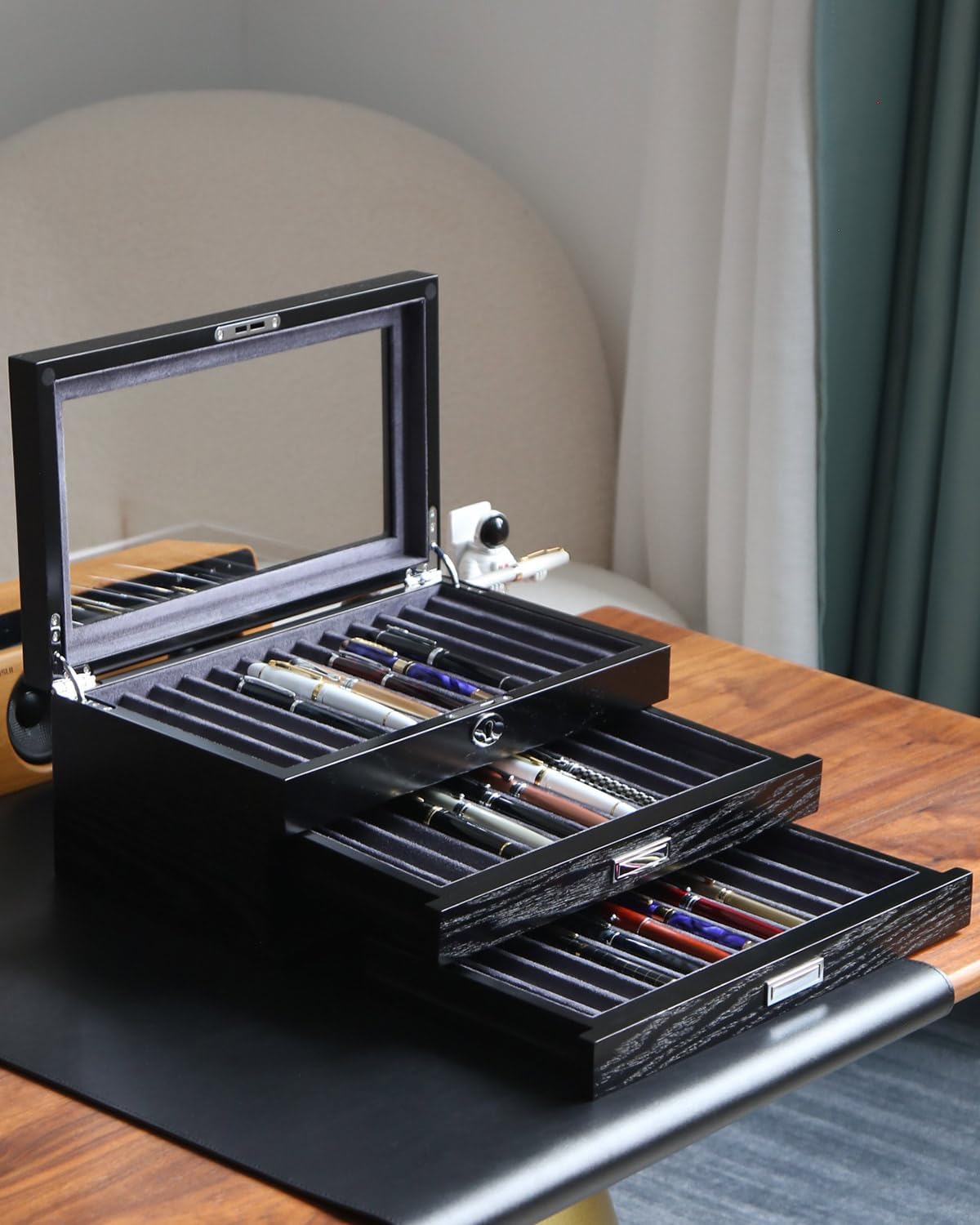 wood pen display case 36 slot Fountain pen Box storage Organizer with drawer, Top Glass Window Pen Collection Display Case