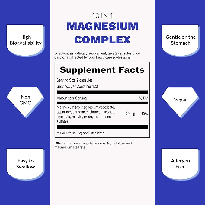 UpNourish Magnesium Supplement - 10 in 1 Magnesium Complex - Full Spectrum Magnesium Mineral Supplements with Glycinate, Citrate, Taurate, Malate, Carbonate, Oxide and More, 240 Vegan Capsules