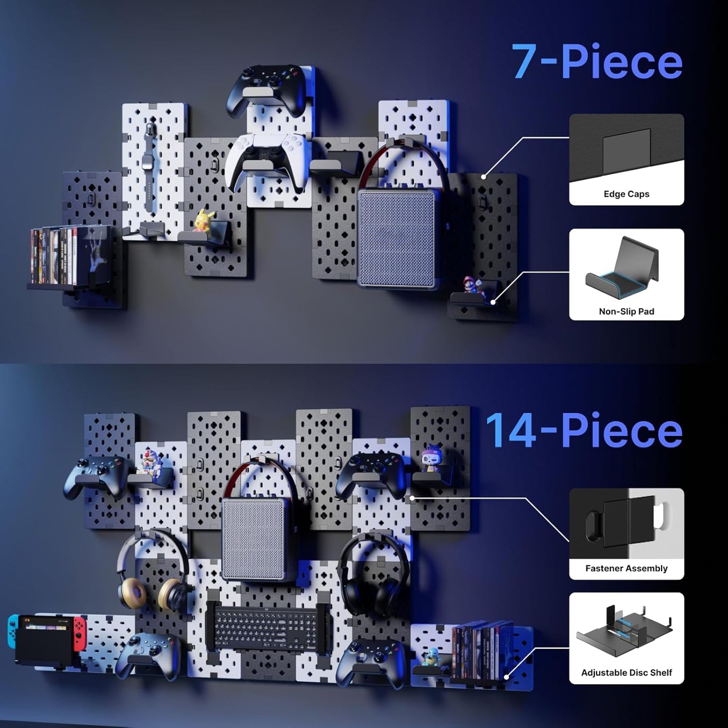 PEGZONE Controller and Headphone Holder Wall Mount, Modular Gaming Pegboard with Accessories, Controller Stand for Xbox PS5 PS4 Switch, Video Game Storage, Disc Shelf, 14pcs Pegboard, Black & White