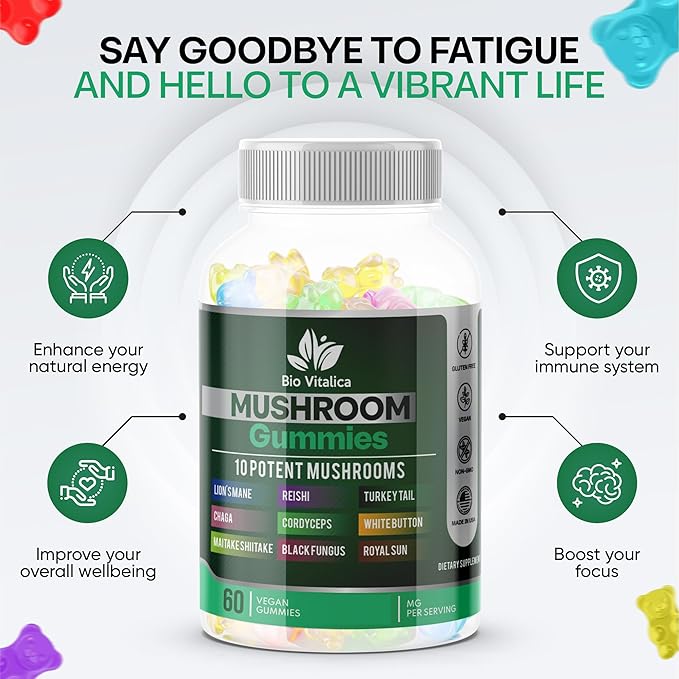 BIO VITALICA Mushroom Gummies - Lions Mane Gummies for Adults with 10 - Blend Mushrooms Complex Reishi, Chaga, Cordyceps, Turkey Tail, & More - Mushroom Supplement - Parental (4)