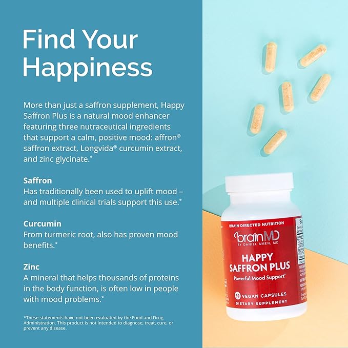 Dr Amen BrainMD Happy Saffron Plus - 90 Capsules - With Saffron Flower Extract, Curcumin & Zinc - Vegan, Gluten Free - 30 Servings