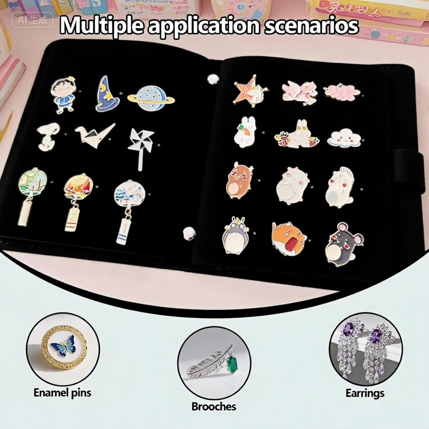 Enamel Pin Display Book - 4 Page Leather Travel Organizer for Collectors, Portable Lapel Pin Holder with Secure Storage, Compact Pin Trading Book (black)