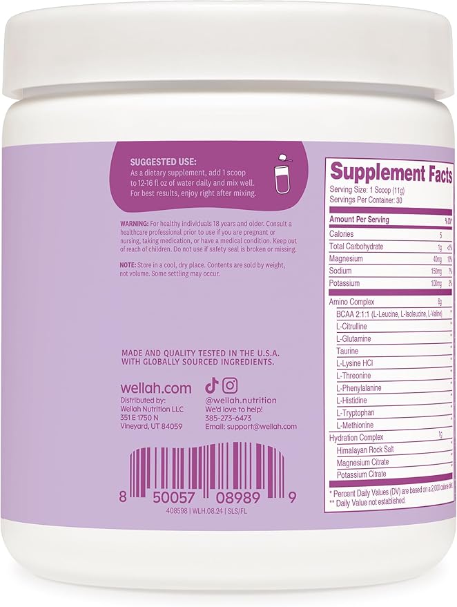 Wellah So Long Soreness BCAA Powder (Frozen Lemonade Flavored) 30 Servings - with Hydration Complex