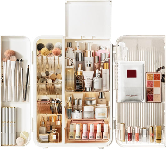 UAK Makeup Organizer with Drawers for Vanity, Cosmetic Display Case with Brush Holders, Storage for Skincare Countertop Bathroom (White)