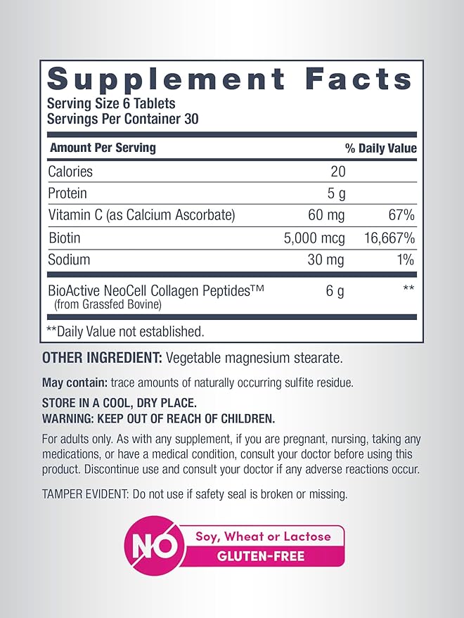 NeoCell Super Collagen With Vitamin C and Biotin, Skin, Hair and Nails Supplement, Includes Antioxidants, Tablet, 180 Count, 1 Bottle