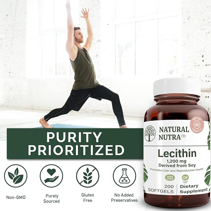 Natural Nutra Soy Lecithin 1200 mg Dietary Supplement - Brain Function, Liver Health, Improve Procreant Health, Boosting Supplement - Gluten-Free, BPA-Free, 200 Softgels in Recyclable Glass Bottles