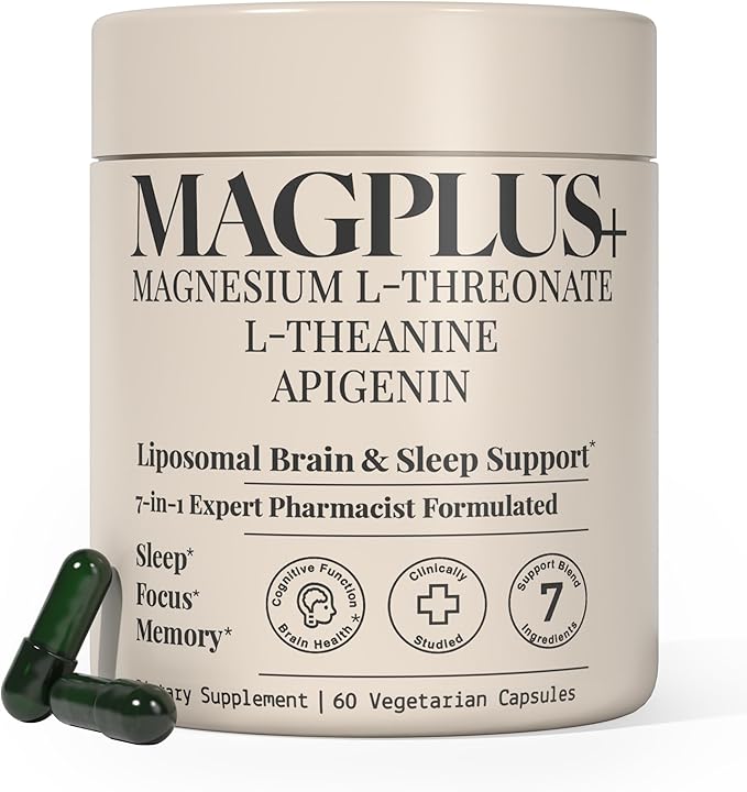 MAGPLUS+ Magnesium L-Threonate w. Apigenin & L Theanine, 1500mg 7-Ingredient Sleep Blend - Brain & Memory Support - Liposomal Magnesium Threonate Supplement - Capsules Supports Health, Rest & Mood