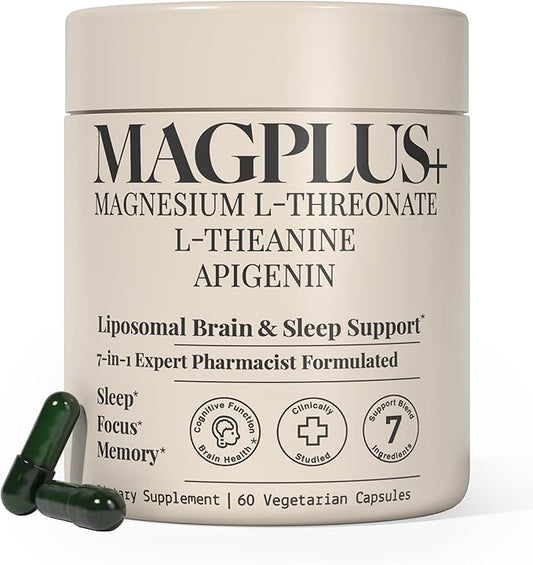MAGPLUS+ Magnesium L-Threonate w. Apigenin & L Theanine, 1500mg 7-Ingredient Sleep Blend - Brain & Memory Support - Liposomal Magnesium Threonate Supplement - Capsules Supports Health, Rest & Mood