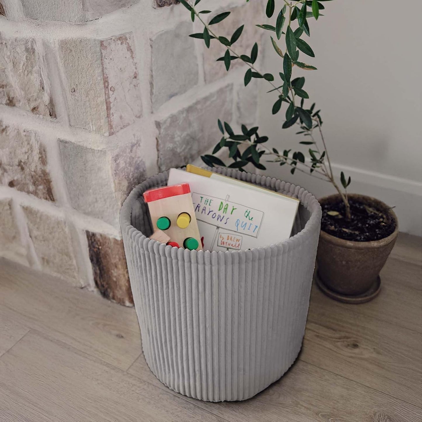 PUTSKA Blanket Basket – Round Storage for Toys and Blankets, Clothes, Stuffed Animals – Soft Baby Girl Basket for Nursery, Kids Room, Bedroom, Living Room – Regular, Grey