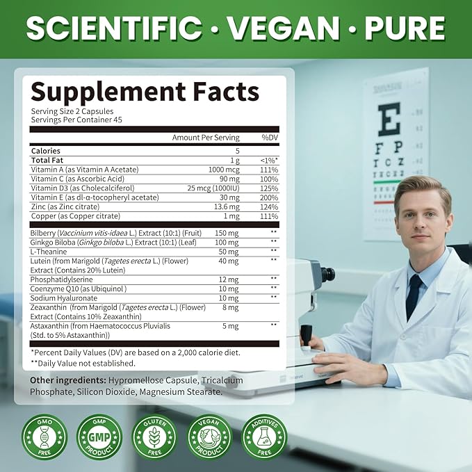Lutein and Zeaxanthin Supplements - Advanced AREDS 2 Eye Vitamins - Bilberry Supplement for Eyes, with Astaxanthin, Ginkgo Biloba, Sodium Hyaluronate - for Eye Health & Brain Support, 90 Capsules