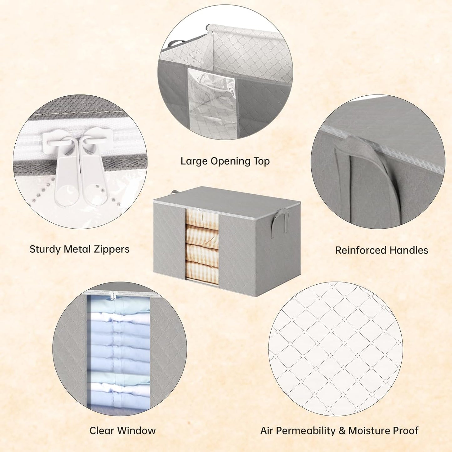 6 Pack Clothes Storage Bags - 90L Blanket Organizers and Storage for Closet Large Storage Bins with Lids and Zipper Storage Containers for King Comforter, Pillow and Sweater (Grey, 6 Pack)