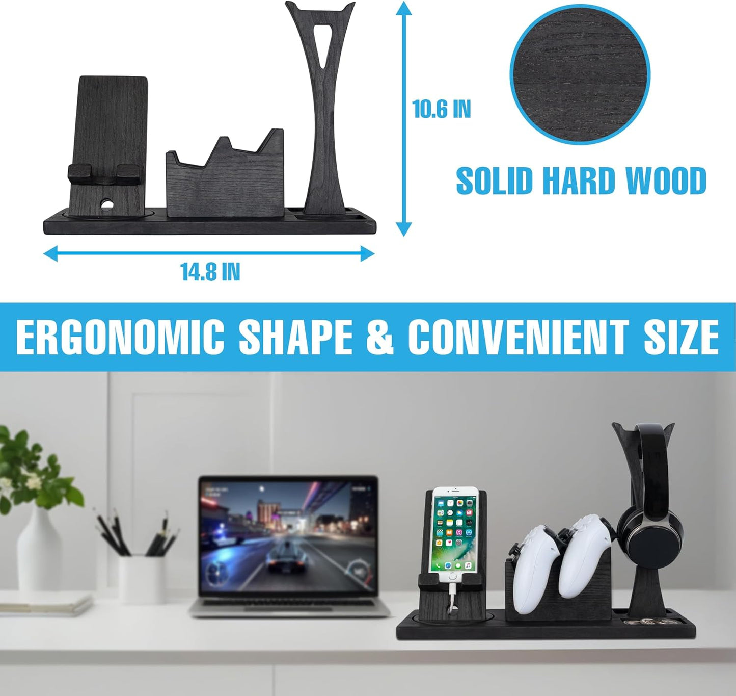 Unique Gift for Gamers, Game Room Decor. Unique Gaming Organizer with Headset Holder, Rotatable Phone Stand & Controller Stand. Wooden Gaming Gadget for Gaming Desktop, Streamer, Teenage Boy