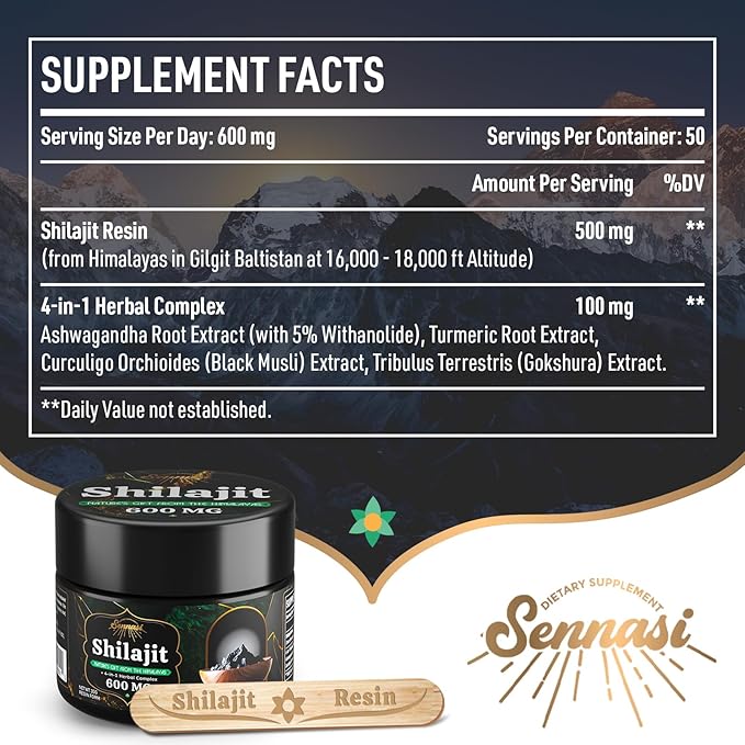 Sennasi 600 MG Shilajit Resin - Shilajit Supplement with Fulvic Acid & 85+ Trace Minerals for Energy, Immunity, Brain Power, 60 Grams
