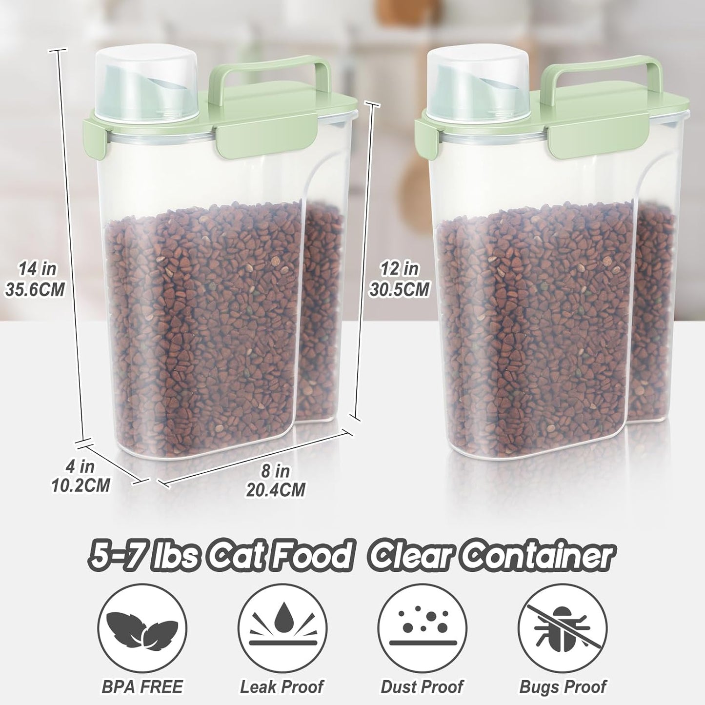 5Lbs /6Qt/5L Airtight Cat Dog Food Storage Container with Upgraded Large Nozzle BPA-Free, Pet Food Storage Containers for Rice, Grain, Pet Food, Flour, Dog Treat Storage-2 Pack Green