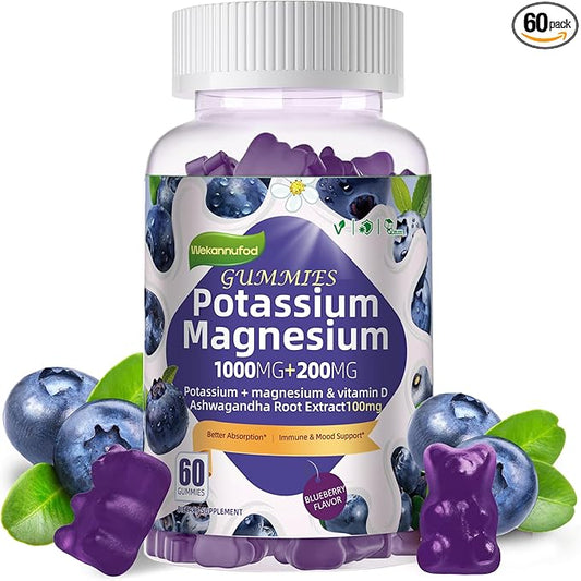 Potassium Magnesium Gummies,High Absorption Magnesium Glycinate,B6,D3,Potassium Citrate for Leg Cramps,Muscle,Electroyte for Adults Kids,Sugar-Free, 60 Gummies (Blueberry Flavor)