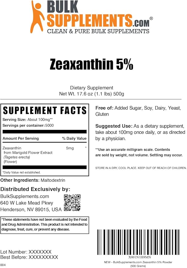 BulkSupplements.com Zeaxanthin Powder - Zeaxanthin Supplements, from Marigold Flower Extract - Gluten Free, 100mg (Zeaxanthin 5mg) per Serving, 500g (1.1 lbs) (Pack of 1)