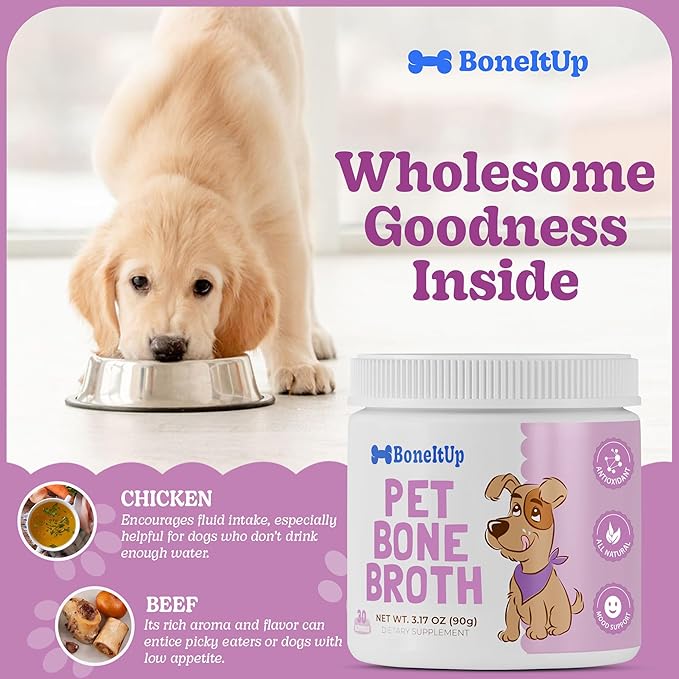Dog Bone Broth Powder - Made with Real Beef & Chicken, Nutritious & Hydrating Dog Bone Broth Topper for Picky Eaters - Healthy Joints, Coat, Digestion Support (30 Servings)