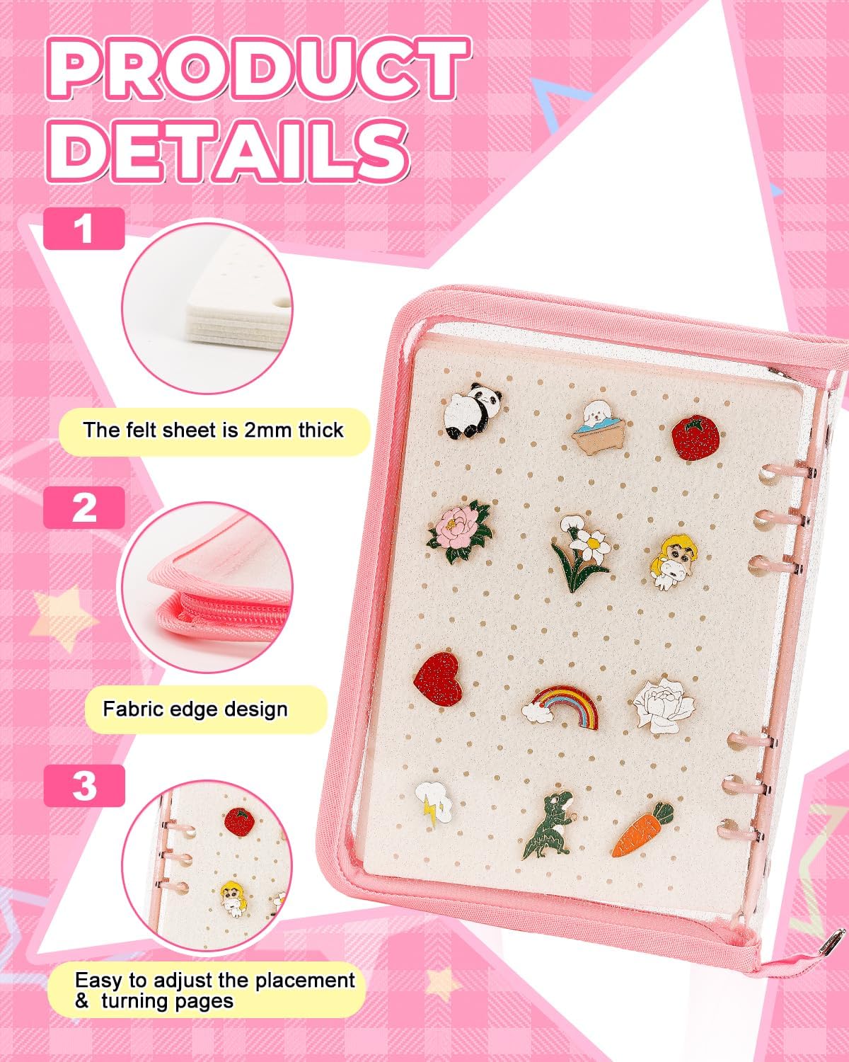 UCEC Pink Enamel Pin Display Book & 50 PCS Pin Backs A5 Album Pin Collection Binder for Brooch Pins, 6-Page Zippered Pinfolio Trading Organizer, Portable Enamel Pin Storage Case for Pin Collectors