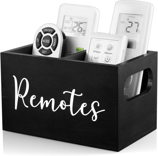 DRASTAR Remote Control Holder, TV Remote Holder, Remote Organizer Caddy for Table, Wooden Remote Box for Nightstand, Black Remote Caddy with 2 Slots