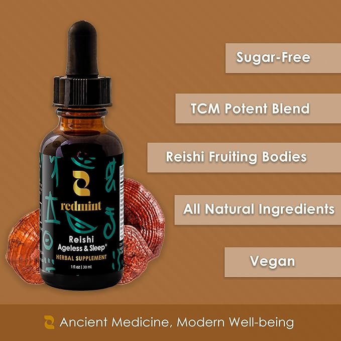 Redmint Reishi Mushroom Herbal Tincture - Ageless & Sleep | Natural Mushroom Supplement with TCM Herbs Dong Quai, Schisandra for Restful Sleep, Immune Support, Relaxation,Skin Health| 1 fl oz