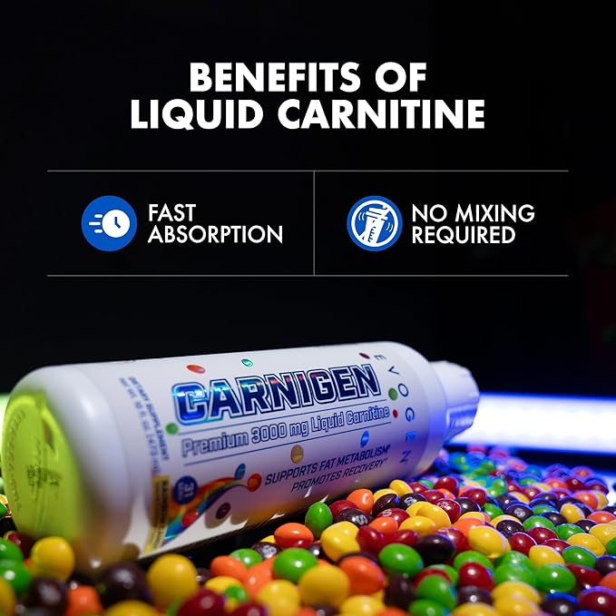 Evogen Carnigen Premium L Carnitine Liquid – L Carnitine 3000 Supplement | L Carnitine Supplement for Fat Metabolism & Recovery | Acetyl L-Carnitine | Caffeine Free | Rainbow Candy | 31 Servings