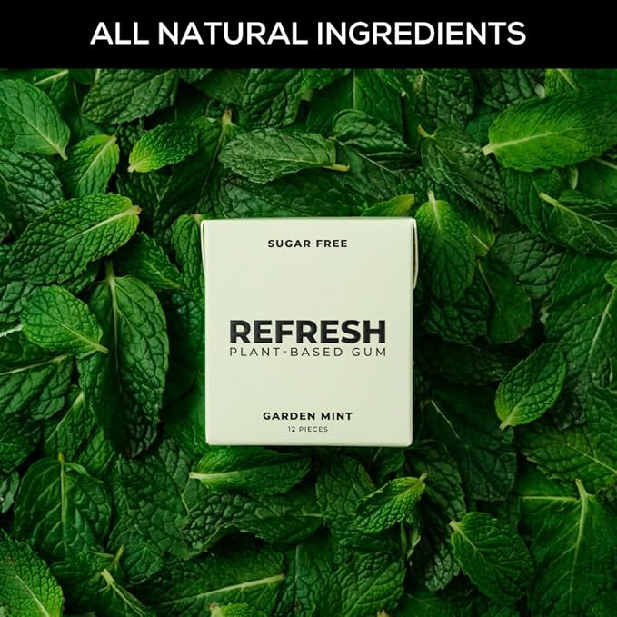 Refresh Gum, Xylitol, Natural, Sugar Free, Aspartame Free Chewing Gum, Plastic Free, Natural Flavors & Organic Ingredients, Plant-Based, Low Calorie, Non GMO, Gluten Free, Vegan, Garden Mint Flavor, 12 Pcs, 6 Pack