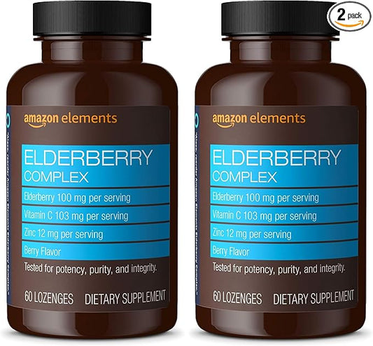 Amazon Elements Elderberry Complex Berry Flavored Immune System Support Lozenges, Adult, 60 Count, (Packaging May Vary) (Pack of 2)