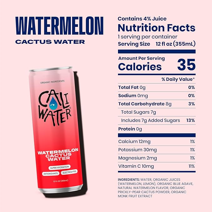 Caliwater - Organic Cactus Water - Watermelon - 5g Sugar, 35 Calories - Half Sugar of Coconut Water - Natural Plant Based Hydration - Skin Care, Electrolyte Drinks - Flavored Water Beverages - 12 Cans