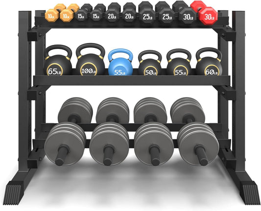 3-Tier Dumbbell Rack, 1200LB Capacity Adjustable Weight Rack for Home Gym, Heavy-Duty Weight Stand for Dumbbells Kettlebells & Weight Plates(Rack Only)