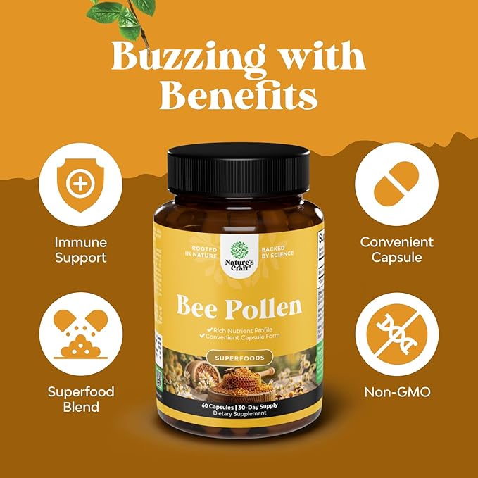 Bee Pollen Pills for Breast Growth 60 Ct - Bee Pollen Supplement 1000mg Serving with Naturally Occurring B Vitamins Minerals & Enzymes - Breast Support Supplement - Vegetarian, Non-GMO & Gluten Free