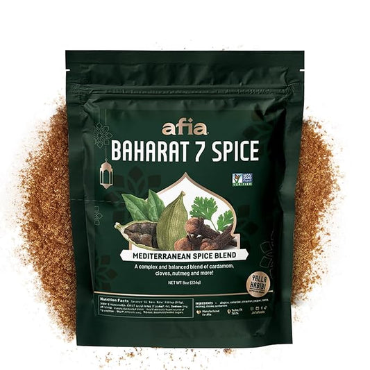 Afia Baharat 7 Spice Blend – Premium Levantine Seasoning with Coriander, Cinnamon, Cloves, Black Pepper, Cumin & Cardamom – Bold Middle Eastern & Mediterranean Flavor for Meats, Rice & Stews, 8 oz