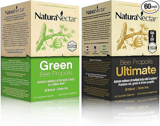 NaturaNectar Natural Bee Propolis Bundle - Green Bee Propolis and Bee Propolis Ultimate - for Immune Support, Memory and Focus - 60 Capsules per Bottle