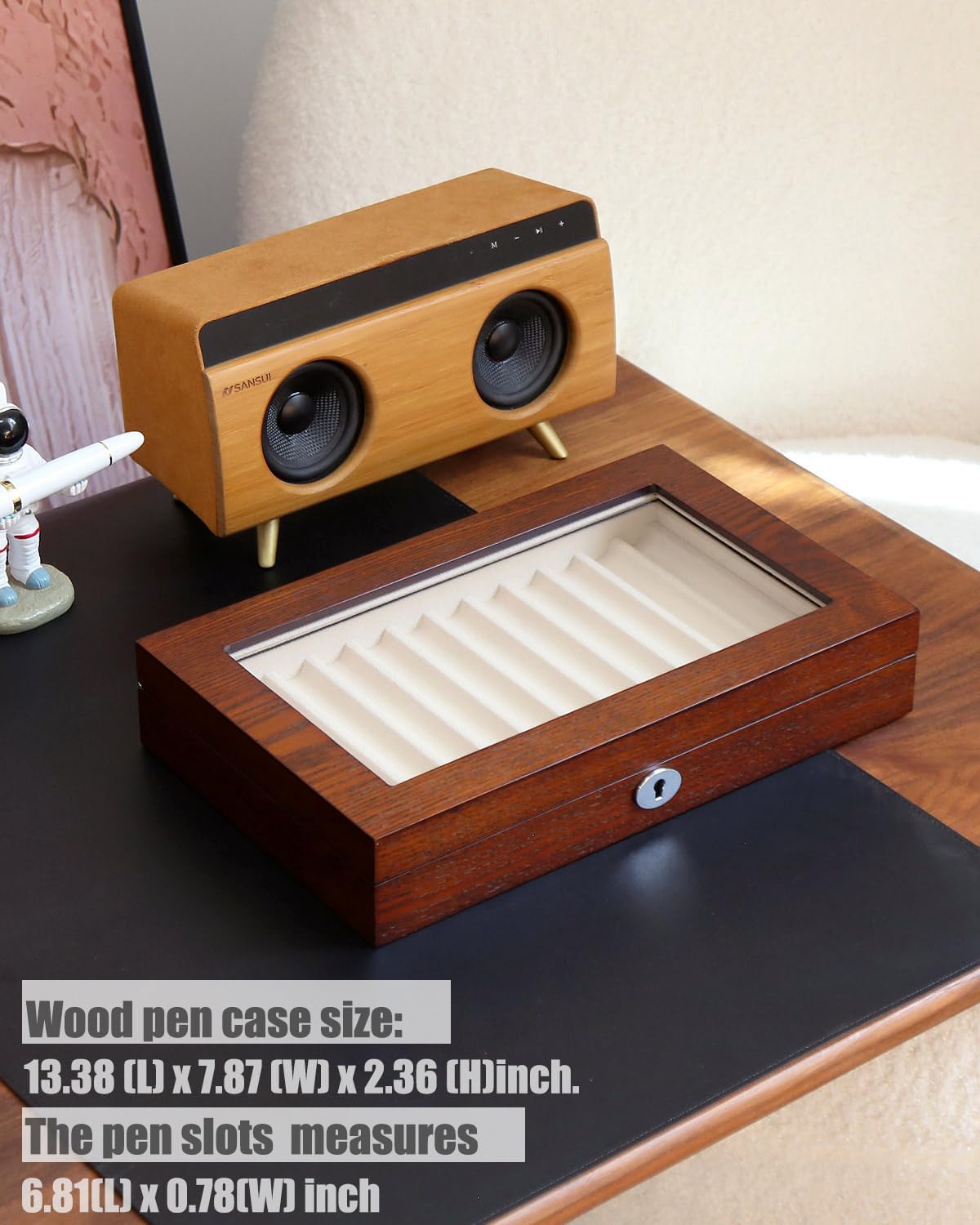 Wooden Pen Display Case – 12 Slot Lockable Fountain Pen Storage Box, Brown Collectors Display with Glass Top, Gift for Men