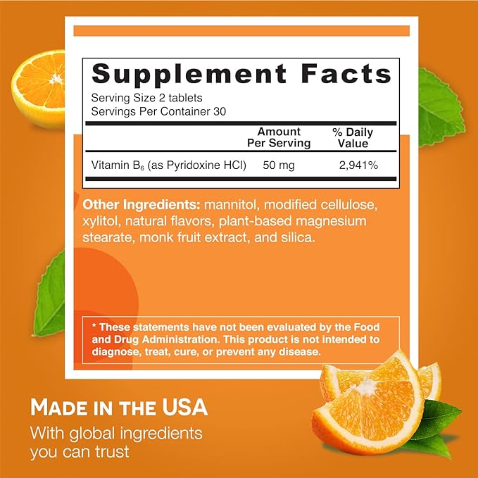 EZ Melts Dissolvable Vitamin B6 50 mg, Sugar-Free, 1-Month Supply