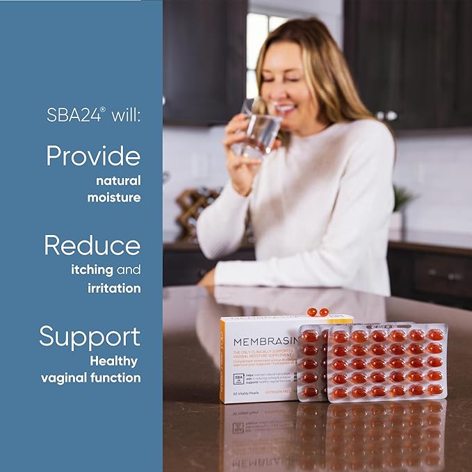 Membrasin Vaginal Moisture Support Vitality Pearls, Menopause Supplement for Vaginal Dryness & Itch, Estrogen-Free Supplement, 100% Natural Formula, Made with Sea Buckthorn Oil, 30 Oral Softgels