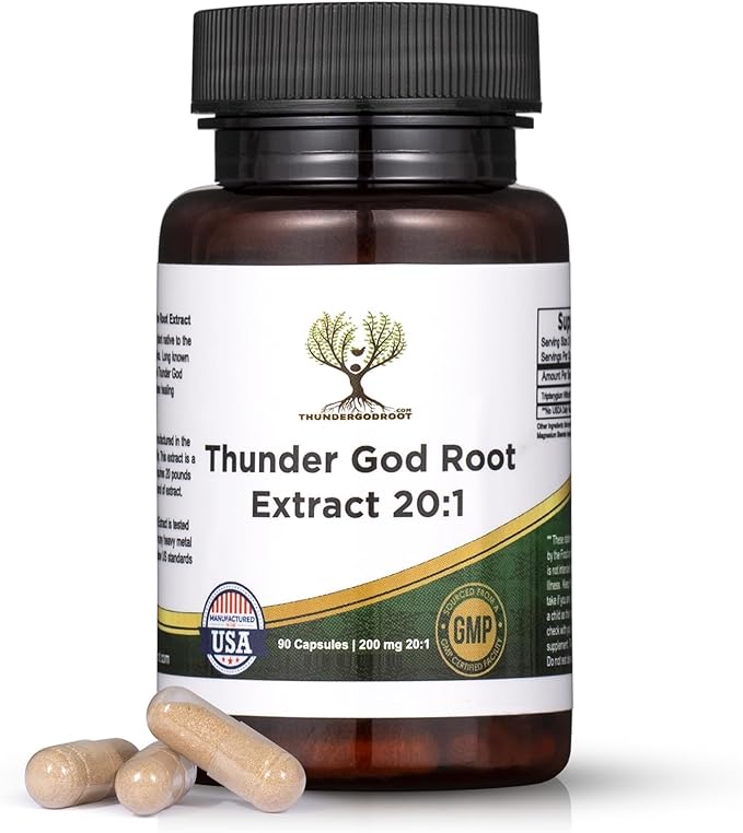 Thunder God Vine Root 20:1 Supplement – Tripterygium Wilfordii Herbal Supplement – 200mg Capsules with Lei Gong Teng Extract – Thunder God Vine Extract with Triptolide – 90 Capsules