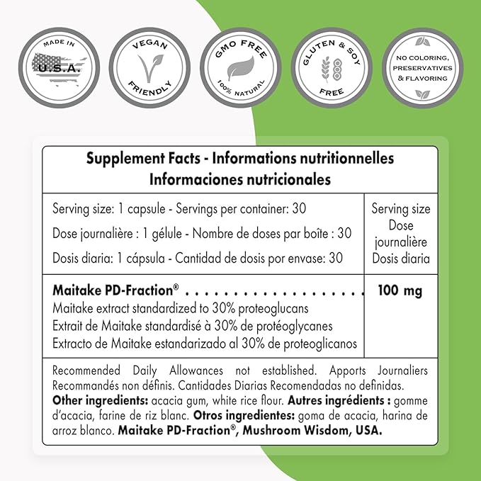 SuperSmart Maitake D Fraction Pro 100mg per Day (Maximum Strength) - Premium Mushrooms Extract Supplement | Non-GMO & Gluten Free - 30 Vegetarian Capsules