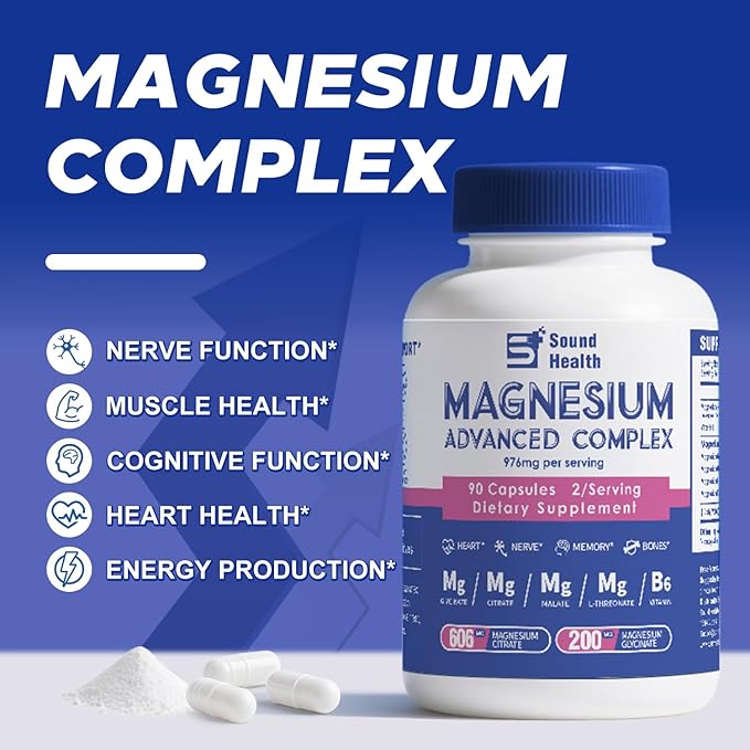 Magnesium Complex 976mg from Magnesium Glycinate, Citrate, Malate & L-Threonate | High Absorption | Chelated Magnesium Supplement | 90 Vegan Capsules, Non-GMO