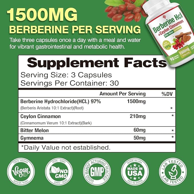 Berberine Supplement 1500mg - Premium Berberine HCl 97% Purity Plus Pure Ceylon Cinnamon, High Potency Berberine for Men Women Supports Immune System Non-GMO