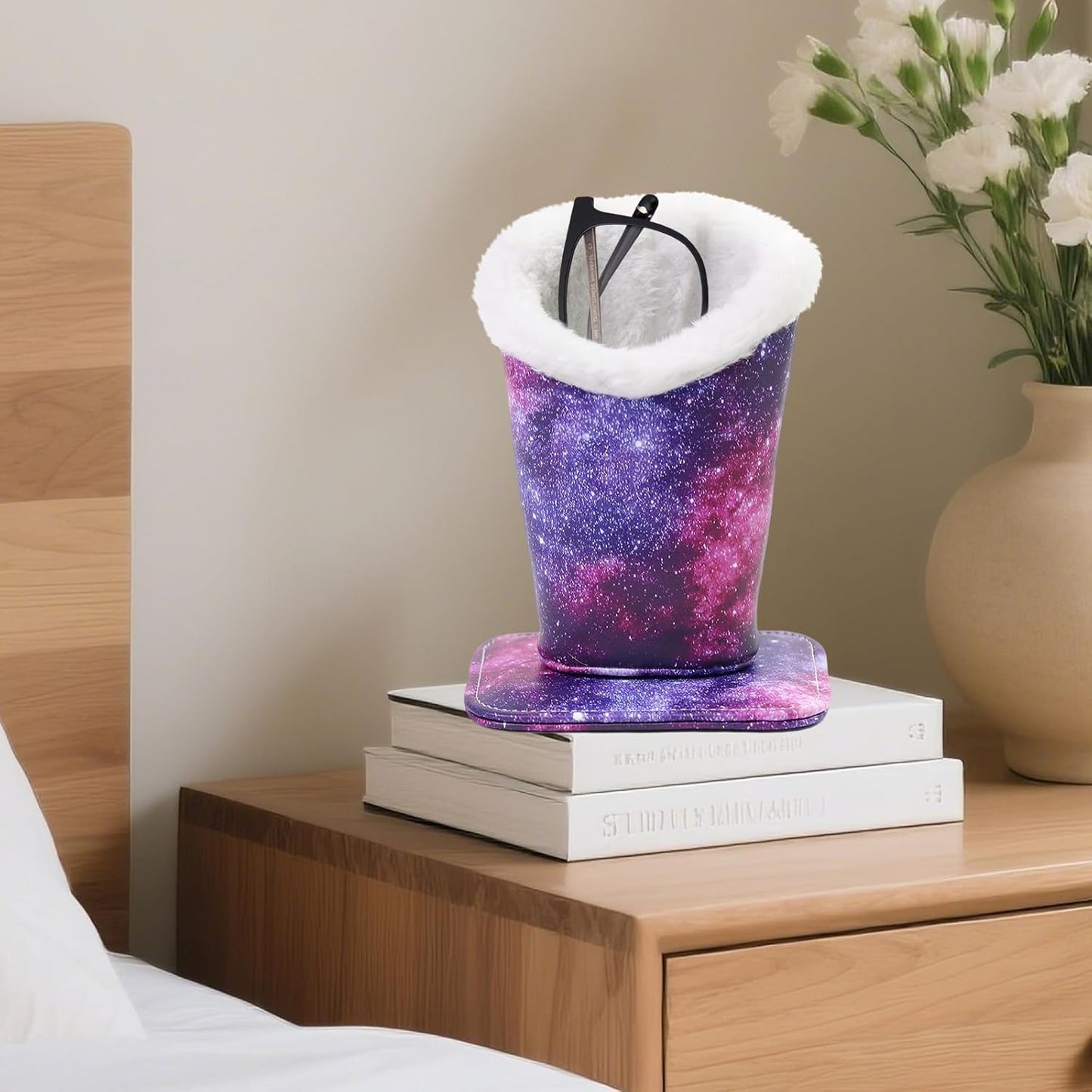 Plush Lined Eyeglasses Holder, Cute Magnetic PU Leather Glasses Stand Case for Women Men Kids