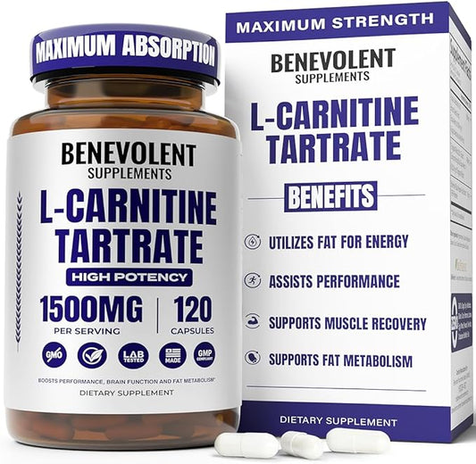 Benevolent L Carnitine Supplement - High Potency 1500mg L-Carnitine Tartrate - Fast Absorbing, Convert Fat to Energy, Support Lean Muscle, Boost Workout Performance & Metabolism – 120 Vegan Capsules
