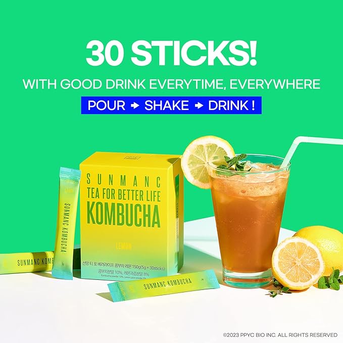 SUNMANC Kombucha 30 packets, Sparkling Probiotic Fermented Drink, Convenient Powdered Drink Mix, Tea Powder, Low Calories, Sugar 0g, Low Caffeine (Lemon)