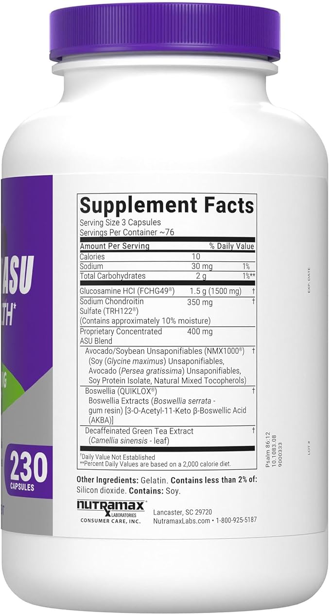 Nutramax Laboratories Cosamin® ASU Joint Health Supplement with Glucosamine, Chondroitin & ASU for Men’s & Women's Joint Health, 230 Capsules