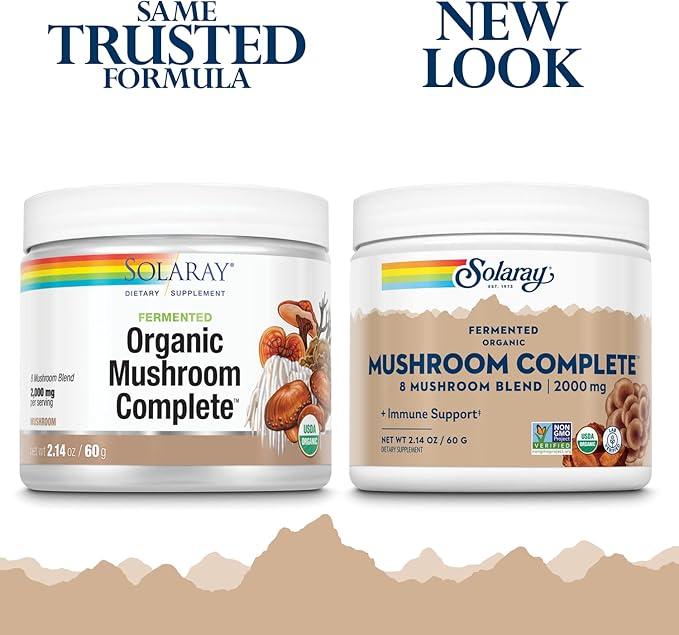 SOLARAY Fermented Organic Mushroom Complete, Powder | Healthy Immune Function Support | 2,000 mg per serv. | 60g, 30 Serv