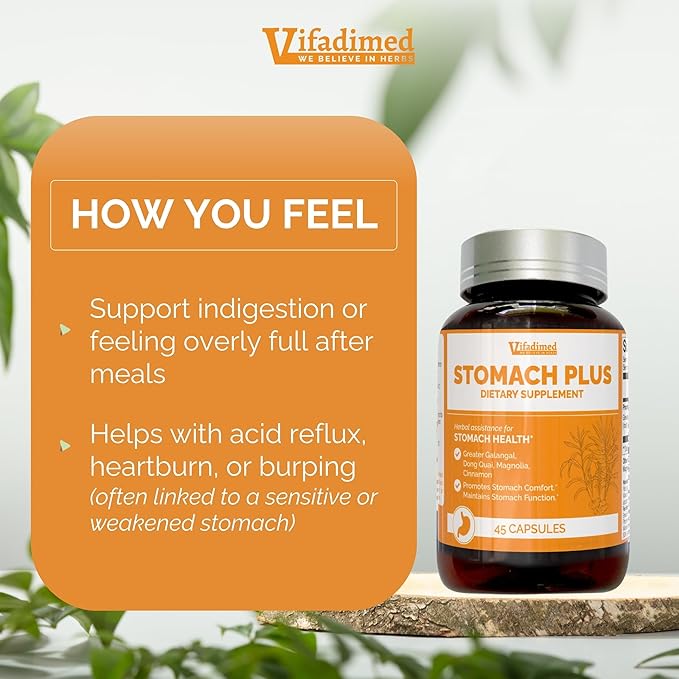 Stomach Plus-for Stomach, Gastritis, Stomach Lining Repair, Acid Reflux, Heartburn, Indigestion, with Galangal, Dong Quai, Cinnamon & Magnolia-45 Capsules