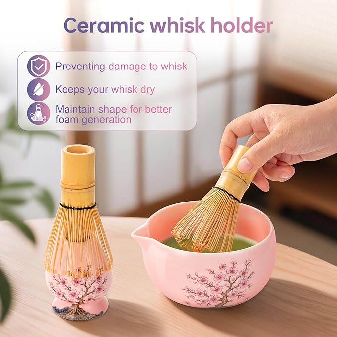 DELLAN Matcha Whisk Set, Cherry-Blossom Matcha Set Making Kit Includes Ceramic Matcha Bowl, Whisk and Holder, Bamboo Scoop, Scoop Rest, Sifter, Greeting Card and Tea Towel - 8 Pcs Matcha Set Pink