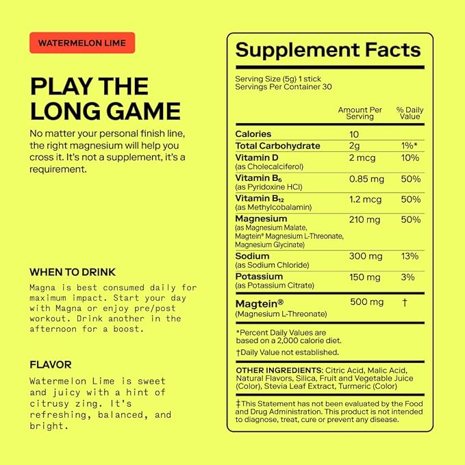 Magna Electrolyte Powder Drink Mix for Hydration, Energy & Focus Support with Magnesium L Threonate, Malate & Glycinate, Sodium, Potassium, Vitamin D, B6 & B12, Watermelon Lime Flavor, 28 Servings