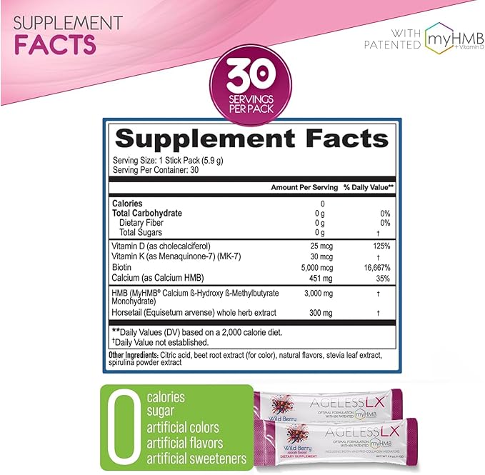 Powder Supplement for Women - with HMB Collagen Enhancer Plus Vitamin D3 with K2, Horsetail and Biotin for Lean Muscle and Stronger Hair and Nails - 30 Powder Packets, Wild Berry