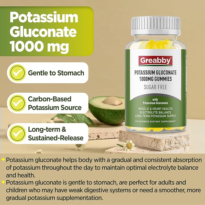 Potassium Gluconate 1000 mg Gummies, Sugar Free for Women & Men Adults, Support Muscle Cramps & Heart Health, Chewable Potassium Supplement, Lemon Flavor, Vegan Source, 120 Gummies